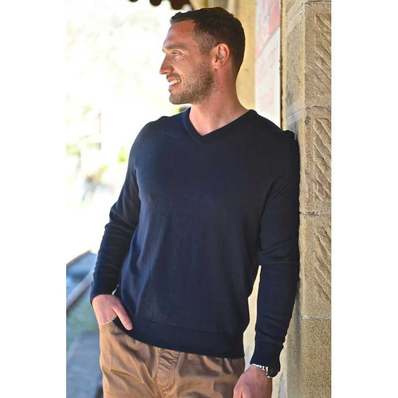 Pull coton homme senior col pointe confortable coloris marine