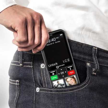 Téléphone senior avec grosses touches photo et appel sos poche
