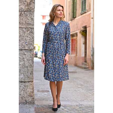 Robe ouverte devant facile à enfiler femme senior coloris bleu fleuri