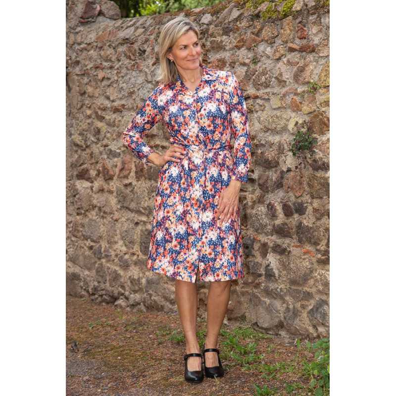 Robe ouverte devant bleue femme senior fleurie | Facilavi