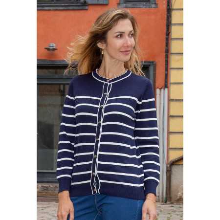 Cardigan femme facile à enfiler couleur marine rayures blanches