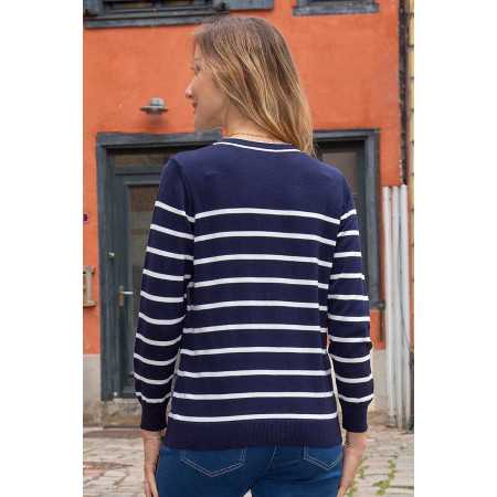 Cardigan femme facile à enfiler couleur marine rayures blanches dos