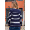 Cardigan femme facile à enfiler couleur marine rayures blanches dos