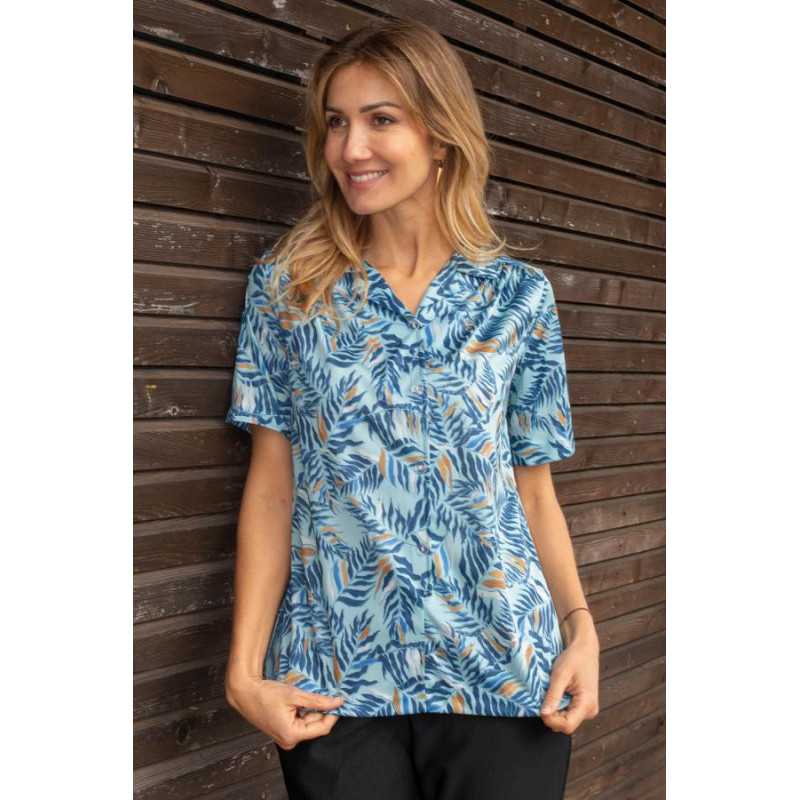 chemisier femme manches courtes boutons coloros bleu feuillage