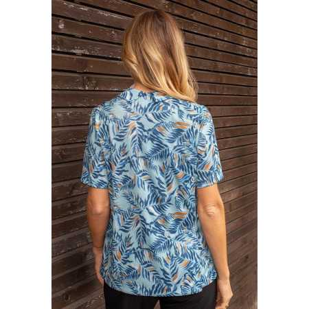 chemisier femme manches courtes boutons coloros bleu feuillage dos