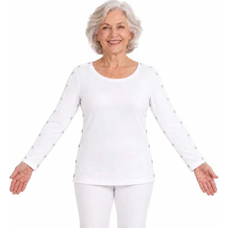 t-shirt médicalisé femme senior ouverture manches 2 côtés douleurs bras épaules haut du corps