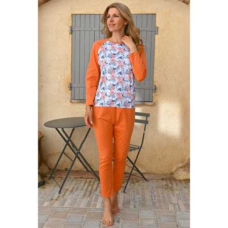 Grenouillère orange manches longues femme senior ehpad fermeture dos entrejambe coton