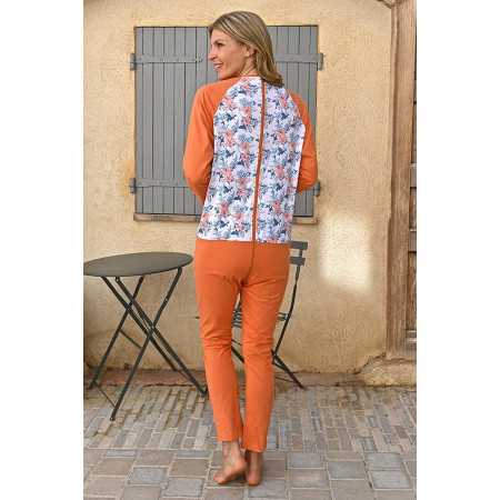 Grenouillère orange manches longues femme senior ehpad fermeture dos entrejambe coton