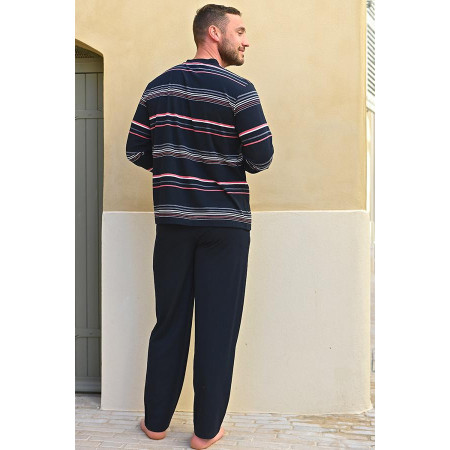 Pyjama homme senior facile à enfiler coton chaud manches longues rayures coloris marine dos