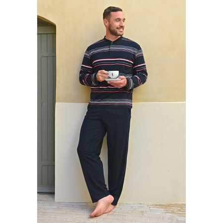 Pyjama homme senior facile à enfiler coton chaud manches longues rayures coloris marine