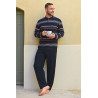 Pyjama homme senior facile à enfiler coton chaud manches longues rayures coloris marine