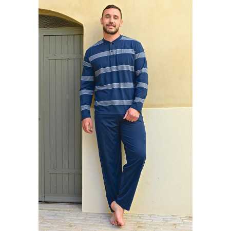 Pyjama homme senior rayures facile à enfiler confortable coton coloris bleu