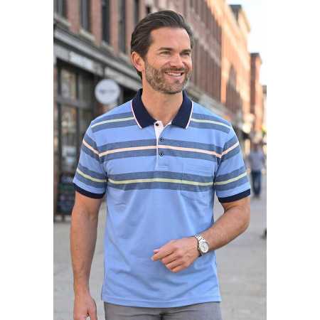 polo médicalisé homme senior rayures bleu ciel ehpad