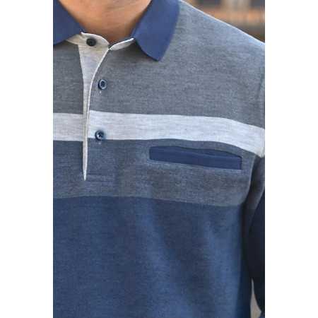 polo manches longues bleu chaud confortable facile à enfiler homme senior poche poitrine