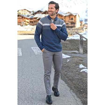 polo manches longues bleu chaud confortable facile à enfiler homme senior tenue