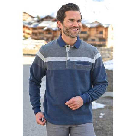 polo manches longues bleu chaud confortable facile à enfiler homme senior