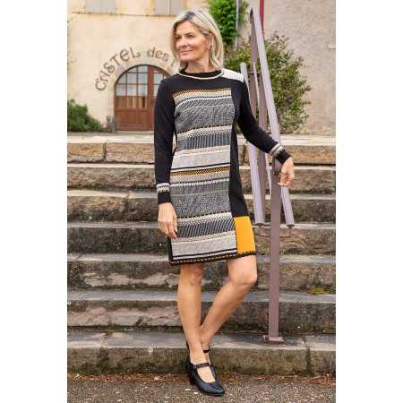 Robe jaune manches longues femme senior col rond | Facilavi