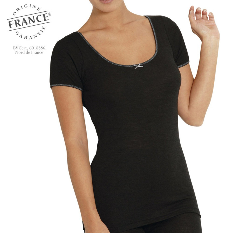 Chemise manches courtes femme laine et soie sport noir