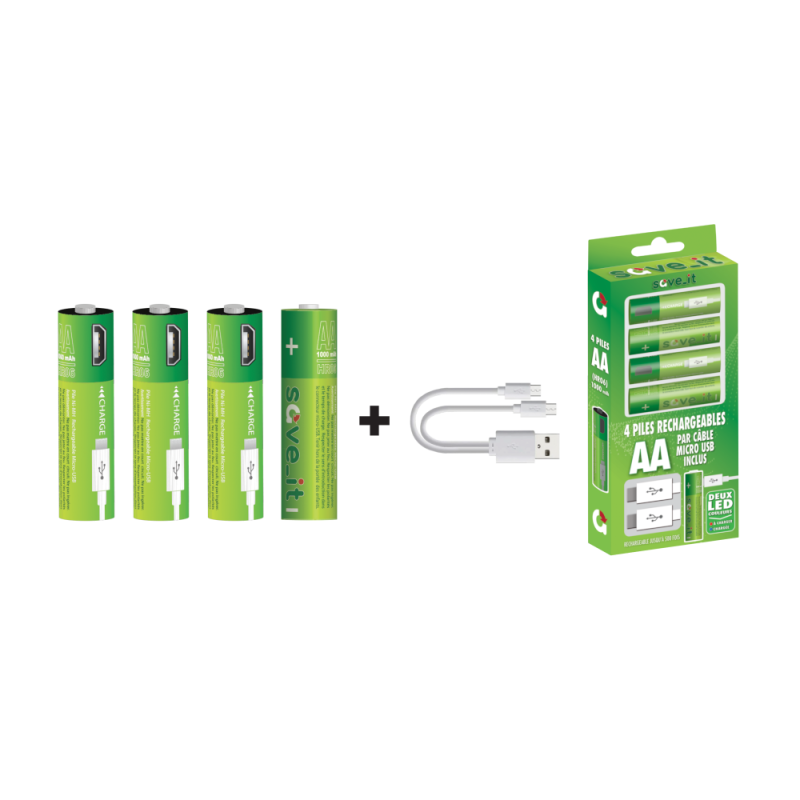 Piles AA rechargeables USB - Par 4 - Contenu boîte