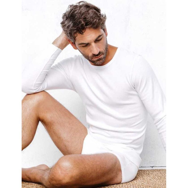 Tee-shirt homme tribothermic manches longues blanc porté assis