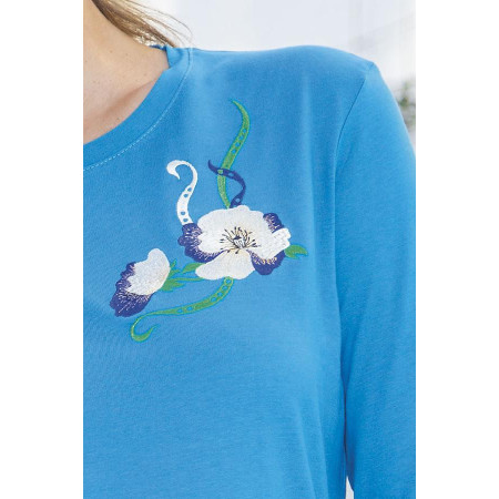 Tee-shirt 100% coton ML T. 38 à 64 bleu détail broderie