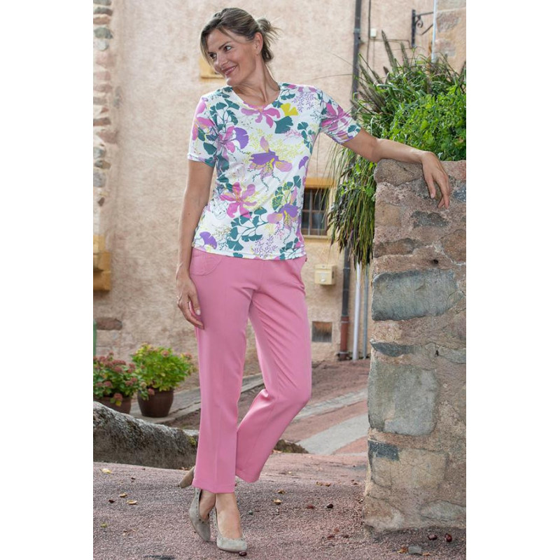 Pantacourt poches brodées élastiqué - rose Pantacourt poches brodées élastiqué - rose