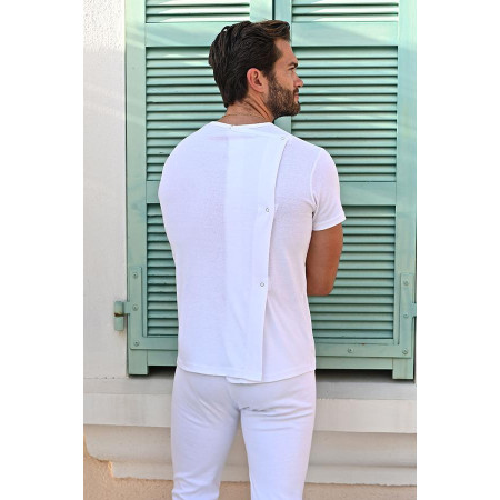 Tee-shirt homme manches courtes dos croisé blanc de dos