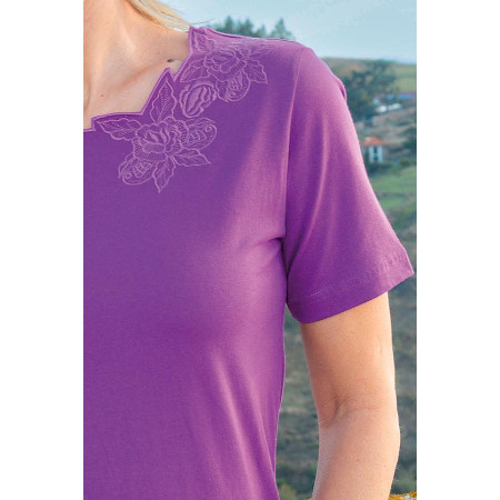 Tshirt brodé coton mauve épaule