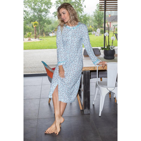 Chemise de nuit ouverte devant Manches longues bleue de face