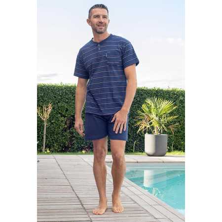 Pyjama court pour homme senior, bleu rayé