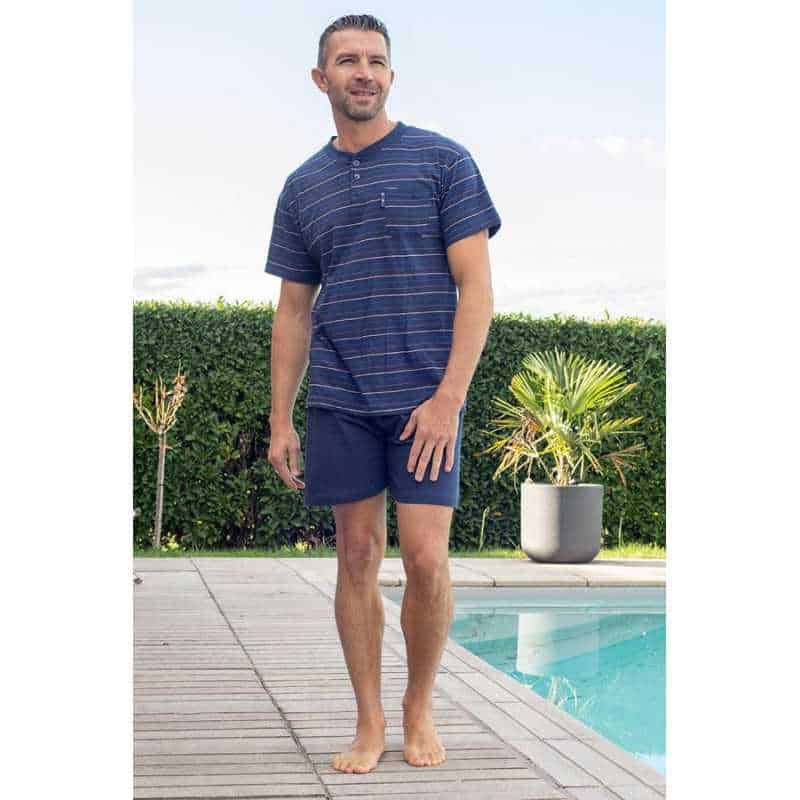 Pyjama court pour homme senior, bleu rayé