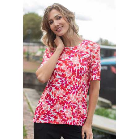 Tee-shirt médicalisé femme rouge fleuri ouverture complète dans le dos par pressions