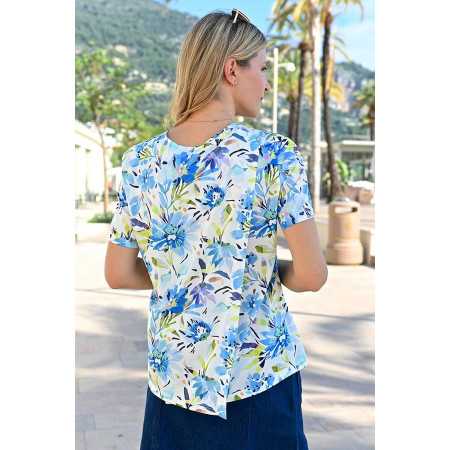 Tee-shirt médicalisé fleuri bleu pour femme senior - vue de dos
