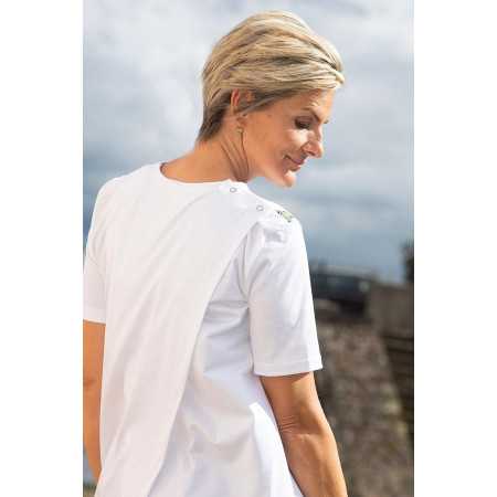 Tee-shirt médicalisé femme manches courtes blanc avec fleurs bleues  vue ouverture dos 