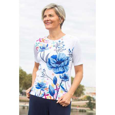 Tee-shirt médicalisé femme manches courtes blanc avec fleurs bleues 