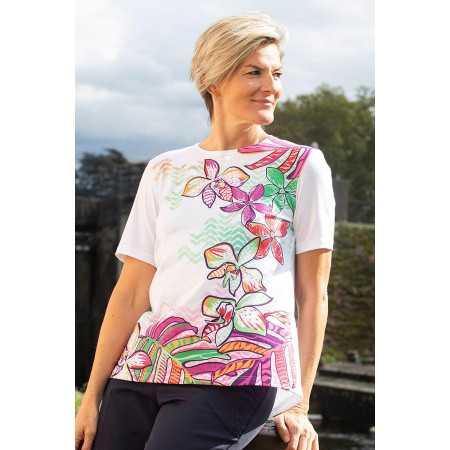 T-shirt manches courtes médicalisé femme - blanc avec fleurs roses 