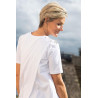 Tee-shirt manches courtes blanc motif imprimé femme ouverture dos par pressions 