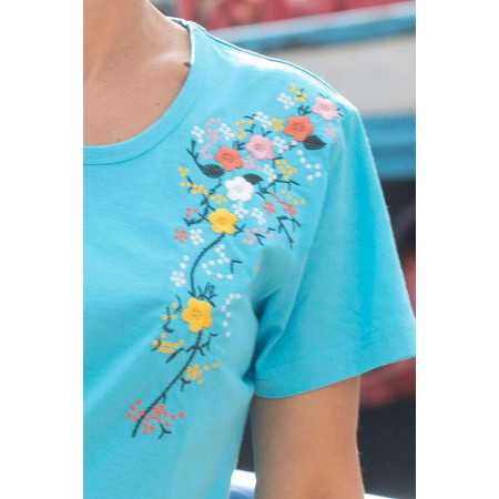Tee-shirt bleu manches courtes pour femme senior avec broderie fleurs