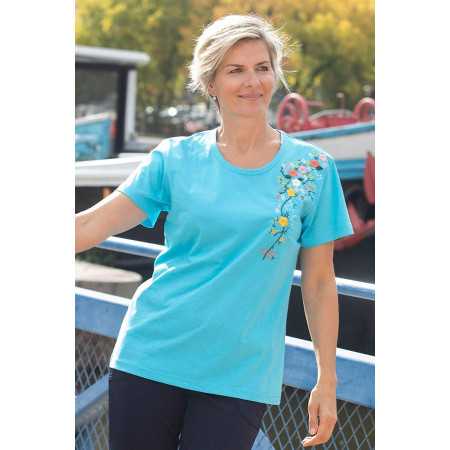 Tee-shirt bleu manches courtes pour femme senior avec broderie fleurs
