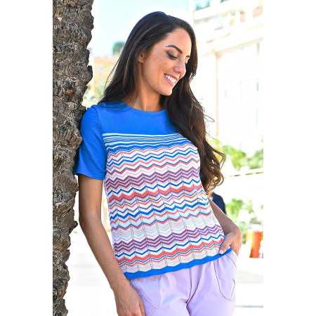 Pull léger bleu pour femme senior - printemps  / été - manches courtes