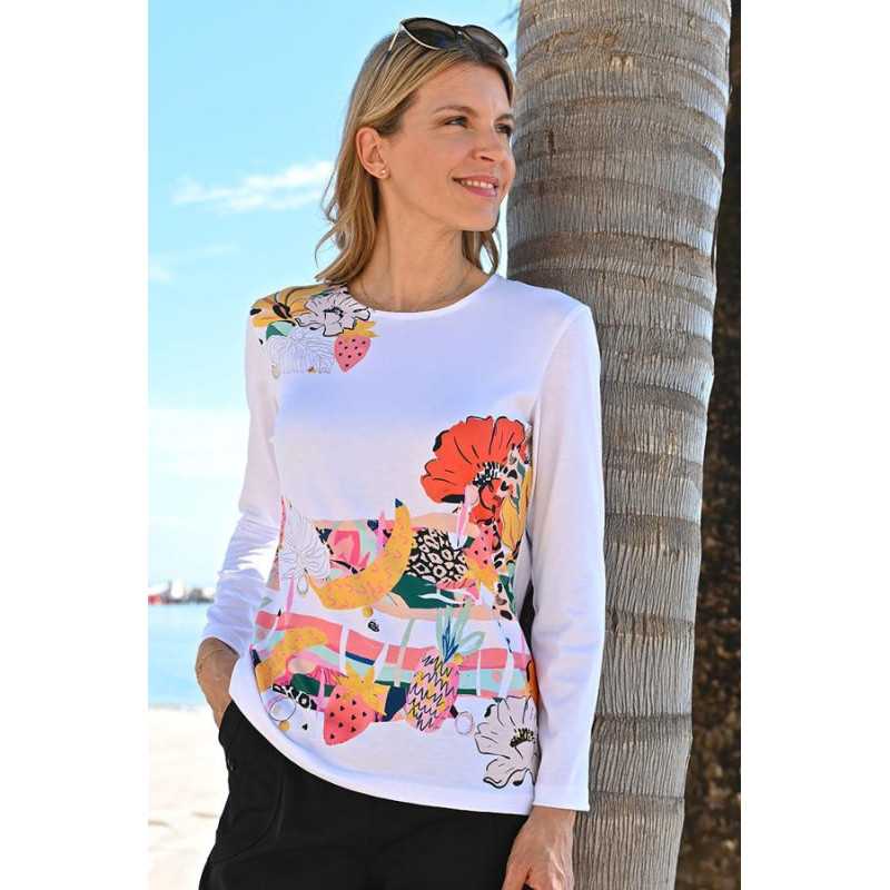 Tee-shirt pour femme âgée avec imprimé floral - Fabriqué en France Tee-shirt pour femme âgée avec imprimé floral - Fabriqué en France