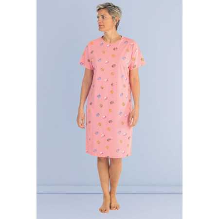 Robe de chambre manches courtes femme senior facile à enfiler rose avec des macarons 