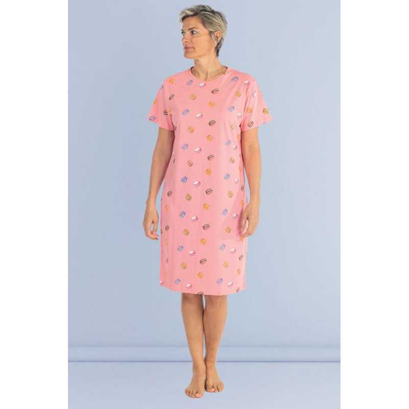 Robe de chambre manches courtes femme senior facile à enfiler rose avec des macarons 