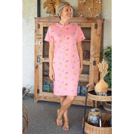 Robe de chambre manches courtes femme senior facile à enfiler rose avec des macarons 