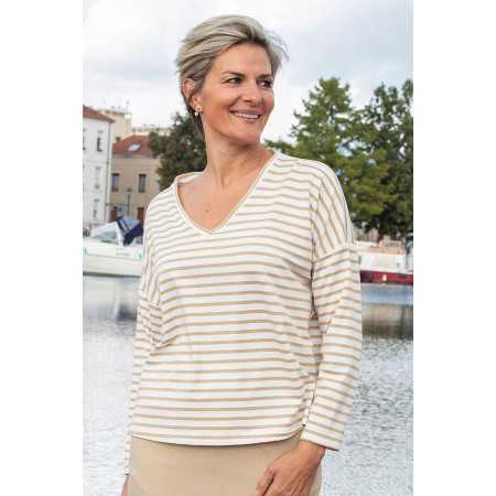 Pull rayé marin coloris beige femme senior