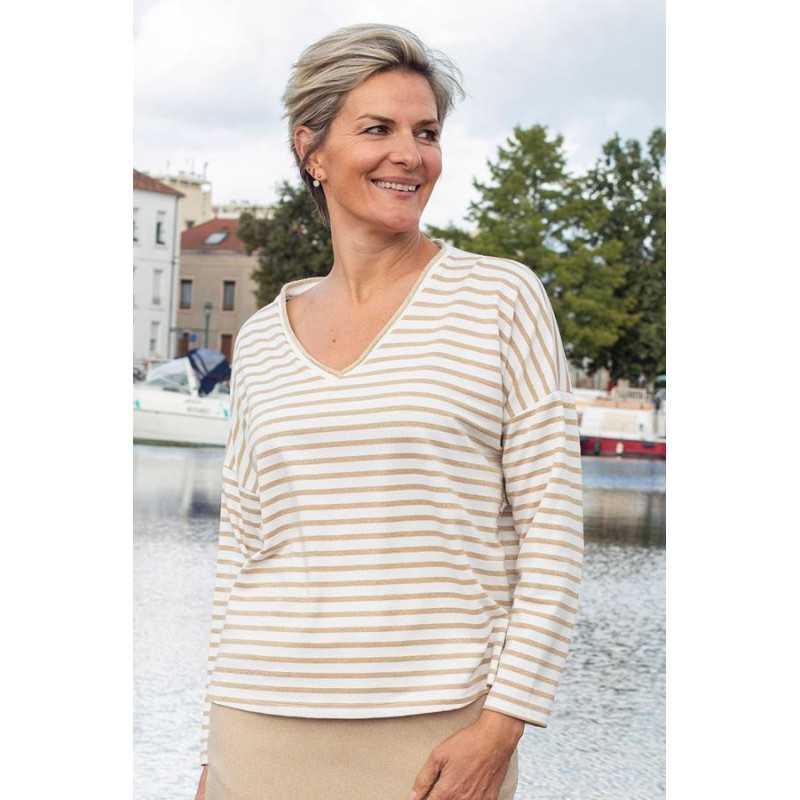 Pull rayé marin coloris beige femme senior Pull rayé marin coloris beige femme senior