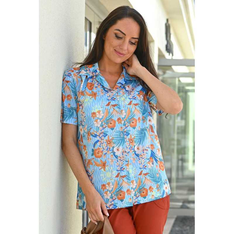 Chemisier fluide femme senior ouverture bouton fleurs oranges