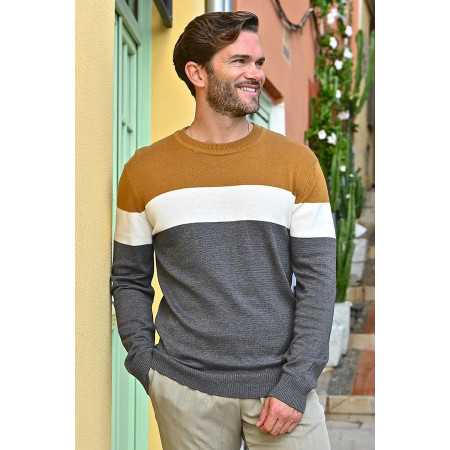 Pull foncé avec rayures marrons - élégant ou décontracté - 50% coton
