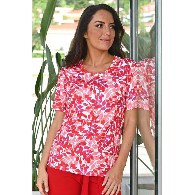 Tee-shirt femme manche courte rouge motif feuille Tee-shirt femme manche courte rouge motif feuille