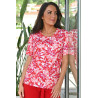 Tee-shirt femme manche courte rouge motif feuille